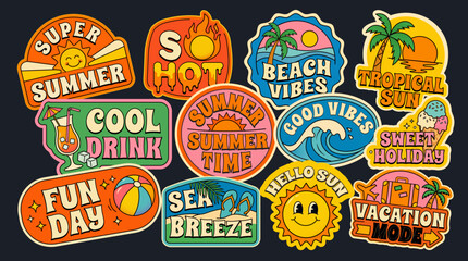 Obraz premium retro groovy summer sticker pack vector set with beach vibes tropical sun vacation holiday quotes on dark background