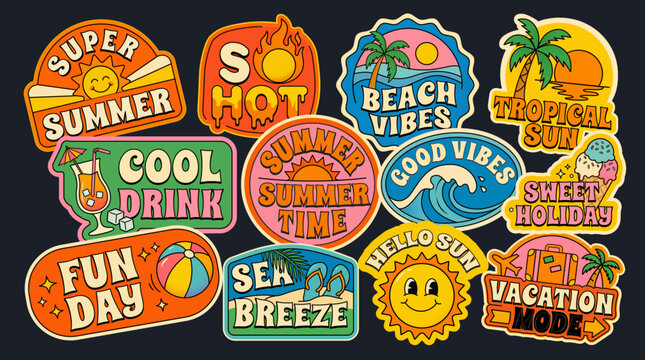 retro groovy summer sticker pack vector set with beach vibes tropical sun vacation holiday quotes on dark background