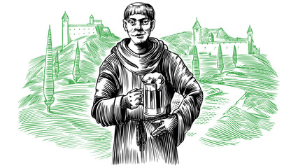 A monk stands with a cup of beer against the backdrop of a Benedictine monastery landscape. Hand drawn hatching engraving in traditional style with European German medieval vibe © artbalitskiy
