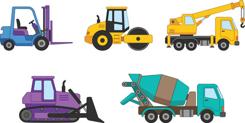 Naklejka premium Industrial Construction Vehicles Vector Set Featuring Forklift Bulldozer Road Roller Crane Truck and Concrete Mixer