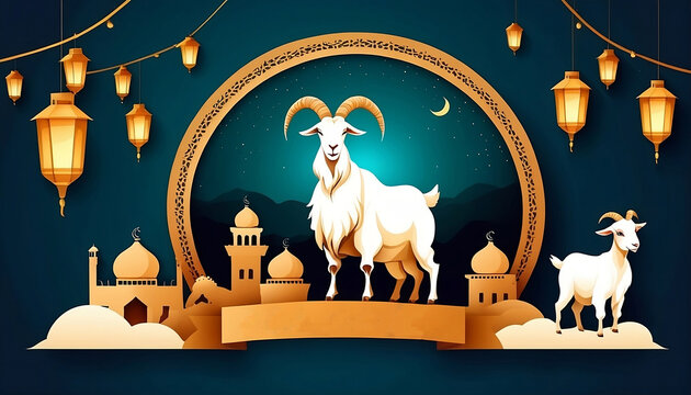 islamic bakra eid al adha mubarak with lantern and goat banner created with generative ai
