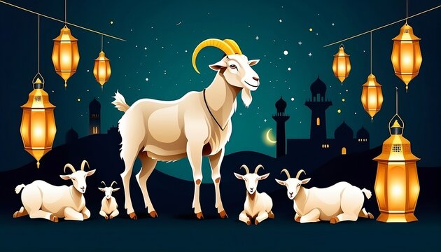 islamic bakra eid al adha mubarak with lantern and goat banner created with generative ai