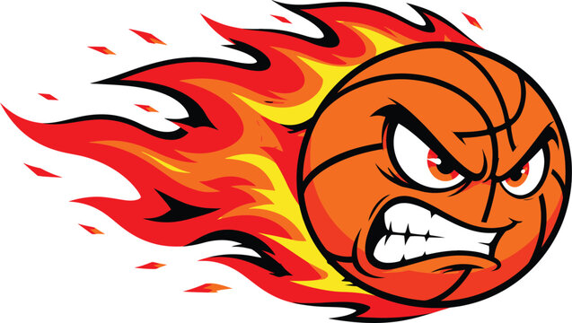 Angry basketball character design featuring intense facial expressions and vibrant motion flames in vector graphic style
