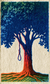 lithographic print on old paper: tree with noose