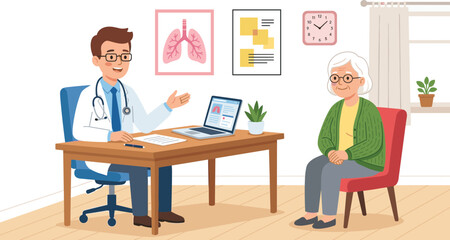 Fototapeta premium Male Doctor Explaining Lung Test Medical Results to Elderly Woman Patient at Clinic Office Table for Healthcare and Medical Consultation Vector