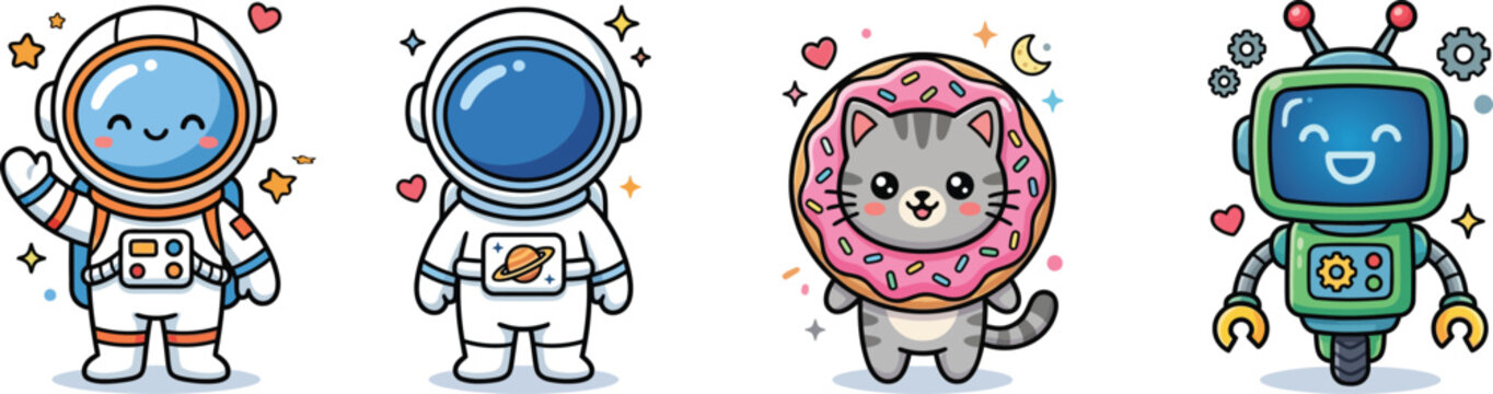 Cute cartoon astronaut characters collection with space cat donut robot and galaxy explorer for children stickers.