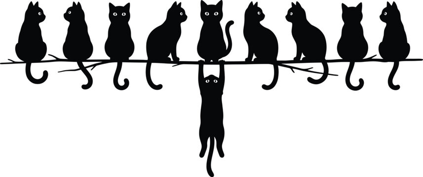 Black cats silhouettes sitting on branch with one cat hanging down funny vector art for design and wall decoration.