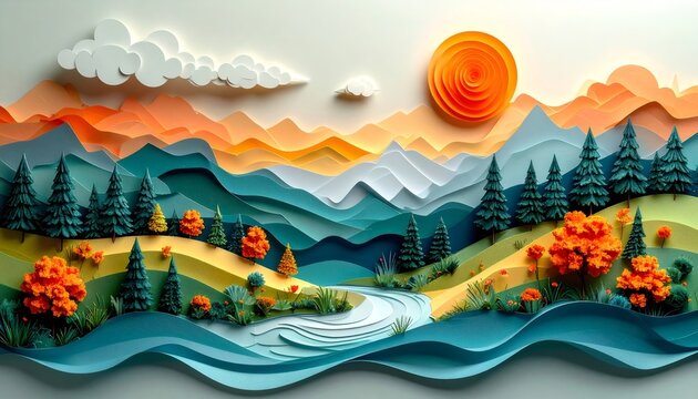 Layered paper cut art mountain river landscape