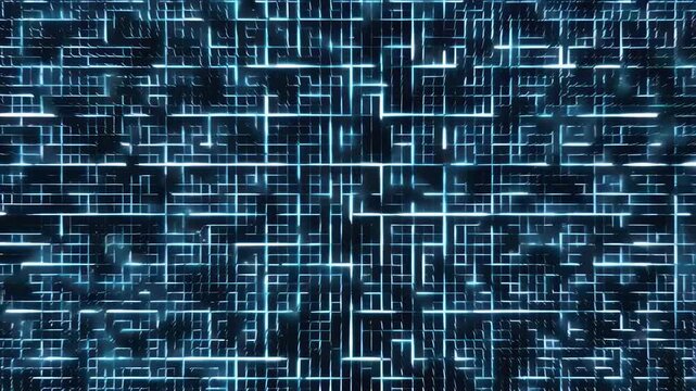 Futuristic digital grid pattern with pulsating neon lights in technological motion