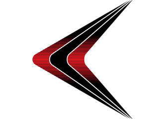 Red and black striped arrow on a white background. Pointer, direction, navigation. Sports pattern. Modern design element for covers, advertising, interior. Decor for car body, boat, sportswear. © Larysa