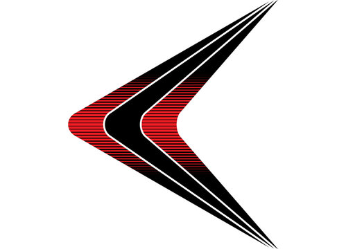 Red and black striped arrow on a white background. Pointer, direction, navigation. Sports pattern. Modern design element for covers, advertising, interior. Decor for car body, boat, sportswear.