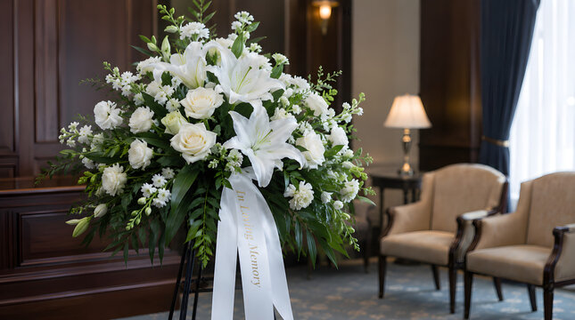 Elegant floral arrangement for a funeral service in a mortuary setting, respectful sympathy composition for remembrance, memorial and condolence themes, soft blossoms and solemn styling in a calm