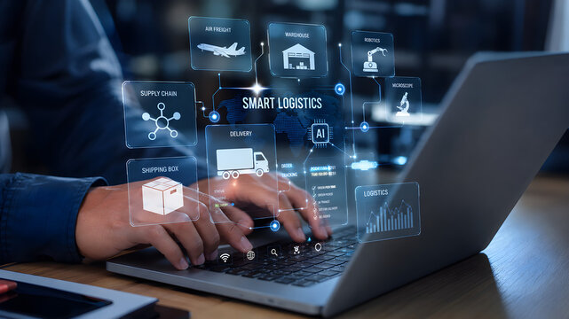 A hand engages with digital icons representing the logistics and transportation sectors, highlighting the integration of technology and innovation in management processes. Ledger