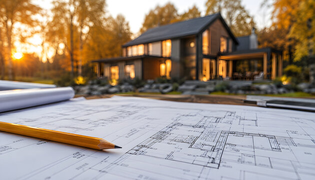 House blueprint with pencil on paper near modern home in autumn forest. Architect plans new building. Design construction process. Real estate development.