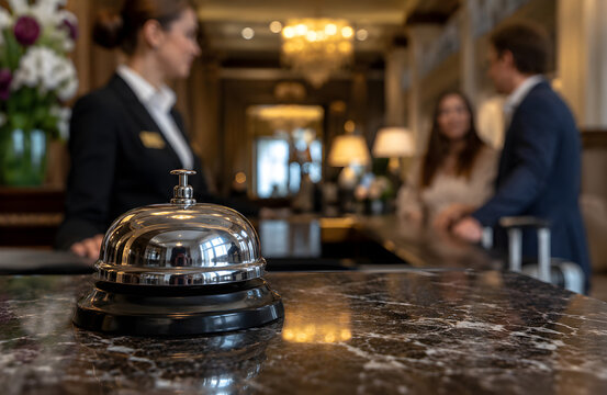 Hotel reception desk with bell. Staff in uniform assist guests with check in. Pro hospitality service is available at this luxury hotel lobby.