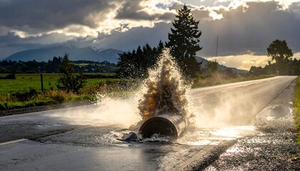 Fototapeta premium A burst pipe spews water onto a road in a rural setting