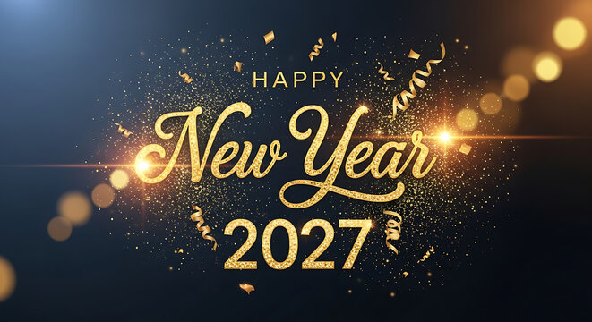 Happy new year 2027 elegant gold typography with festive sparkle and confetti