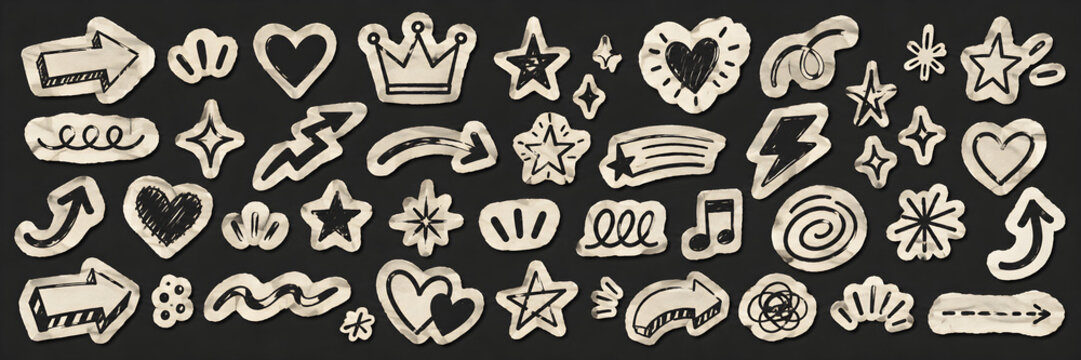 Scrapbook collage sticker element set. Hand drawn paper cut collage with crayon doodle line brush scribble texture. Cute grunge notebook diary scrap heart star circle arrow lightning crown. Vector