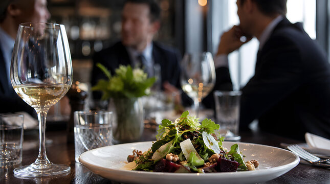 Professionals dine in upscale restaurant. Colleagues enjoy salmon salad and wine at table. People have business lunch meeting in modern eatery, discussing work matters.