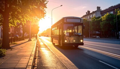 Fototapeta premium A bus drives down a street at sunset