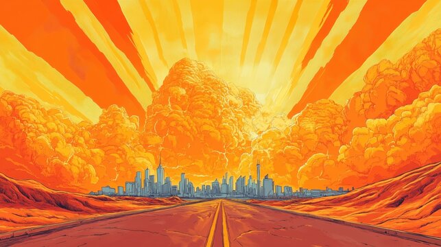 Vibrant orange landscape with a straight road heading towards a distant city skyline under massive fluffy clouds and bright stylized sunbeams.