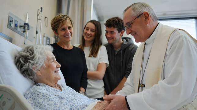 Catholic priest anointing elderly hospital patient with holy oil, family gathered around medical bed, gentle pastoral care and end of life sacrament, ideal for spiritual comfort