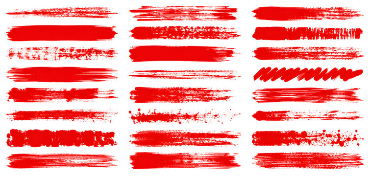 Set of red paint brush strokes and grunge texture swatches collection vector illustration for creative background design.