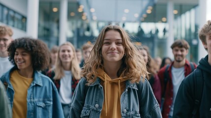 Fototapeta premium Diverse Students Walk Into University Building Ready for Entrance Exams With Hope During Morning Hours in Modern Campus Setting