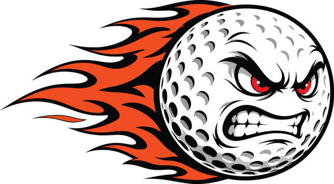 Angry golf ball character illustration with vibrant orange flames moving fast in a dynamic vector design