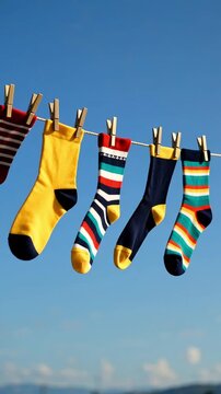Bright colorful patterned socks hanging on a clothesline against a clear blue sky