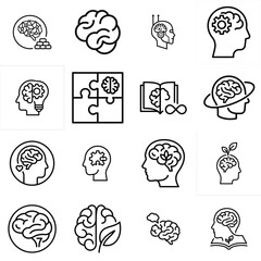 Fototapeta premium A collection of human brain, mindset, and artificial intelligence line icons. Features vector illustrations of brain, human head, gear mechanism, puzzle, growth, and AI concepts,