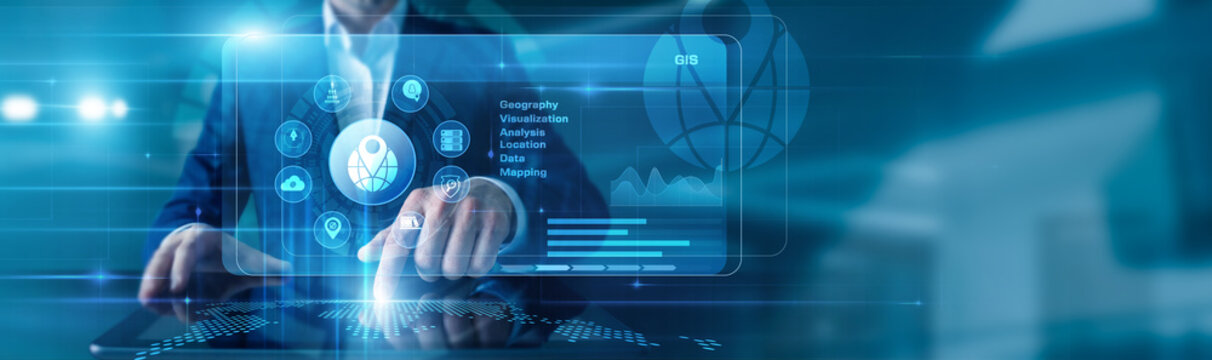 GIS Analyst touching the tablet using GIS, displayed diagrams and graphs with icons of mapping, spatial data, geographic analysis across the world map.