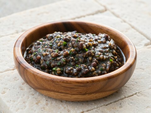 Grainy black mustard sauce in wooden bowl on rustic surface
