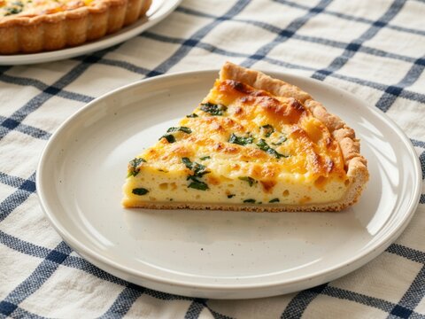 Slice of spinach quiche on checkered tablecloth