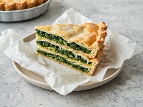 Layers of spinach and cheese pie slice