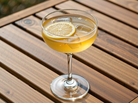 Refreshing cocktail with lemon slice and ice on wooden table