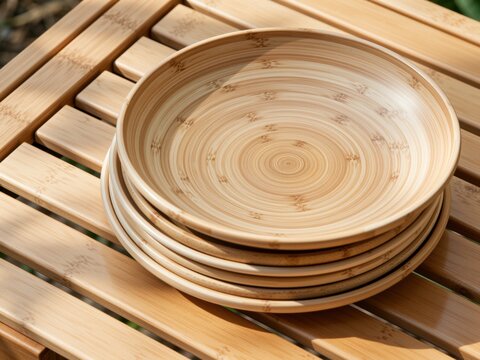 Stacked bamboo plates on wooden table demonstrating sustainability