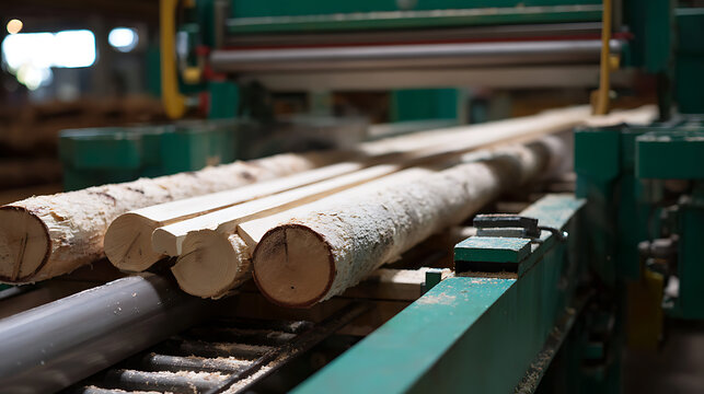 Industrial wood processing, natural logs move along conveyor at modern sawmill, raw timber transformation for construction material