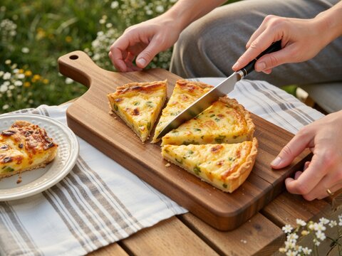 Person cutting homemade quiche on wooden board during outdoor picnic