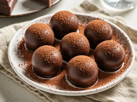 Chocolate truffles coated with cocoa powder on ceramic plate