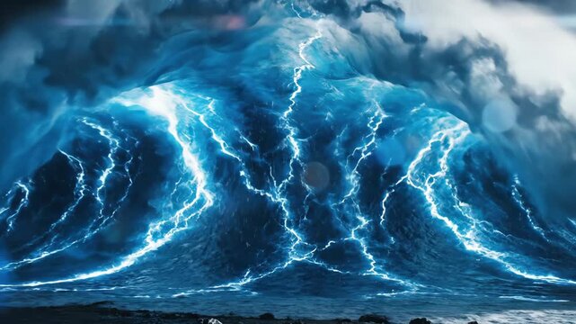 Massive electric waves crashing with lightning bolts on rocky shore for dramatic storm and fantasy content