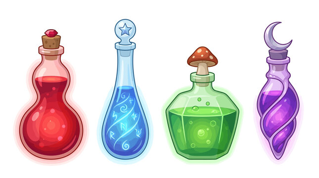 Set of four magical fantasy potion bottles