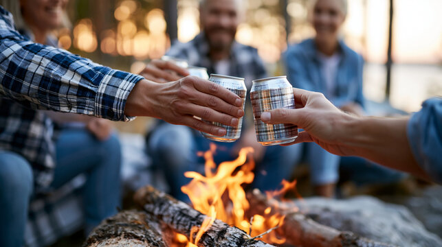 Anonymous group of friends toasting beer cans beside a campfire after a successful day of lake fishing, outdoor celebration and camaraderie concept, faceless, defocused, with copy