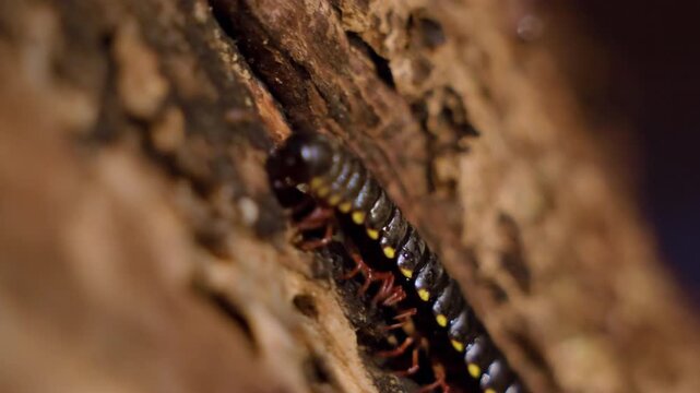 Macro footage of a yellow-spotted millipede with red legs crawling along rough decaying tree bark. The arthropod navigates through crevices with its segmented body and numerous legs visible.