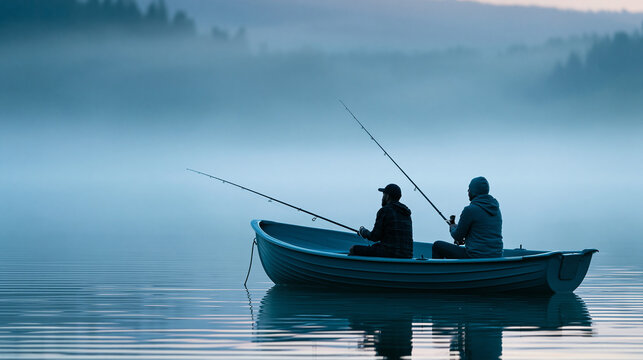 Two anonymous anglers fishing in a rowboat on a misty lake at dawn, peaceful early morning outdoor recreation concept, faceless, defocused foggy water background, with copy space