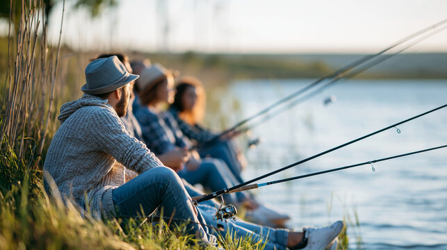 Anonymous friends gathered for a casual lakeside fishing session, outdoor recreation and social bonding concept, faceless, defocused nature background, with copy space