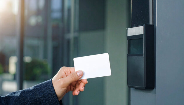 Access card being held to an electronic security reader at the entrance of a modern building. The system suggests controlled entry and data verification.
