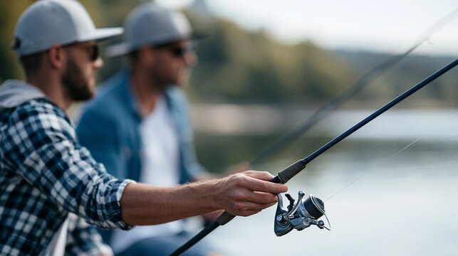 Anonymous male friends or brothers fishing at a lake, outdoor hobby and active lifestyle concept, faceless, defocused nature background, with copy space