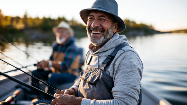 Two anonymous men laughing together while fishing from a boat on a lake, joyful outdoor bonding and fishing hobby concept, faceless, defocused, with copy space