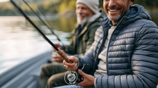 Two anonymous men laughing together while fishing from a boat on a lake, joyful outdoor bonding and fishing hobby concept, faceless, defocused, with copy space